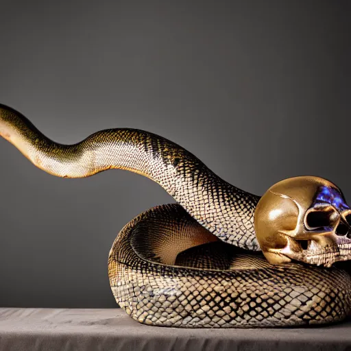 Image similar to giant and oversized coiled snake with a metallic skull as the head, room interior, dark fantasy, XF IQ4, f/1.4, ISO 200, 1/160s, 8K, RAW, unedited, symmetrical balance, in-frame