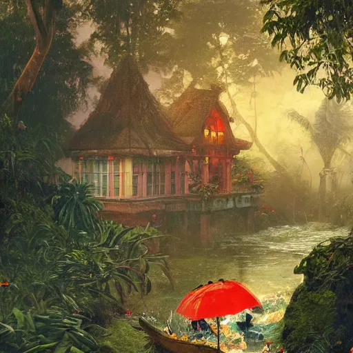 Image similar to tropical island, ornate, beautiful, atmosphere, vibe, mist, smoke, fire, chimney, rain, wet, pristine, puddles, melting, dripping, snow, creek, lush, ice, bridge, forest, roses, flowers, by stanley artgerm lau, greg rutkowski, thomas kindkade, alphonse mucha, loish, norman rockwell