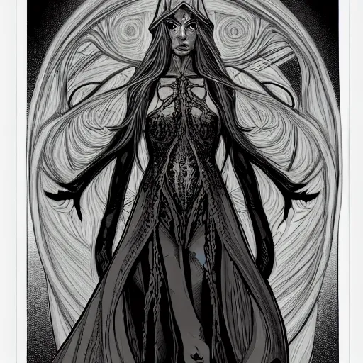 Image similar to wideview of an elven witch,intricate, veins, by Hugo pratt, ultradetailed, trending on artstation,