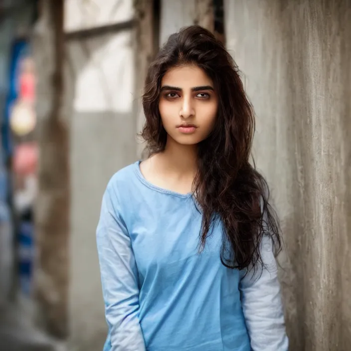 Image similar to portrait photograph of an extremely beautiful!!!! young pakistani female, Distant look on her face, natural light, wearing a t-shirt and jeans!! Brown hair. Blue eyes. Standing on a Japanese neon lit street. looking at the camera!!. super resolution. Extremely detailed. Graflex camera!, bokeh!!!!! trending on artstation.
