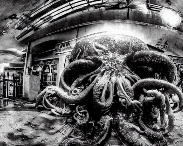 Image similar to camera footage of a extremely aggressive Giant mutated Octopus with glowing white eyes in an abandoned shopping mall, Psychic Mind flayer, Terrifying :7 , high exposure, dark, monochrome, camera, grainy, CCTV, security camera footage, timestamp, zoomed in, Feral, fish-eye lens, Fast, Radiation Mutated, Nightmare Fuel, Wolf, Evil, Bite, Motion Blur, horrifying, lunging at camera :4 bloody dead body, blood on floors, windows and walls :5