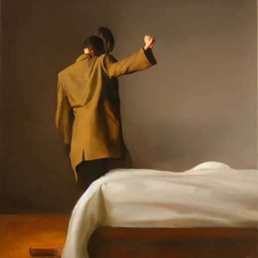 Prompt: oil painting of a slim thin man with long straight brown hair getting up from a bed with raised arms. evocative. artistic. volumetric lighting. low detail