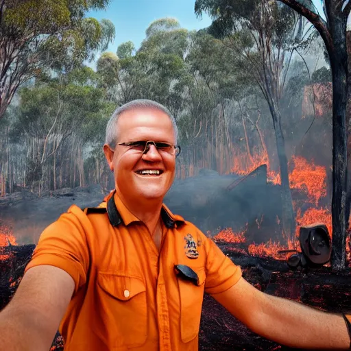 Image similar to Prime Minister Scott Morrison selfie by a bush fire, cinematic, hyper realism, high detail, vivid colors, octane render, unreal engine, 8k