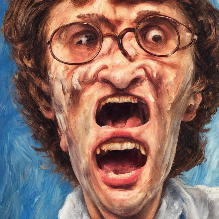 Prompt: warmly lit close up studio portrait of young angry!! screaming John Lennon age 23 furious!, impasto oil painting thick brushstrokes by Lucian Freud and Cy Twombly and Tim Hawkinson , trending on artstation dramatic lighting Expressionism