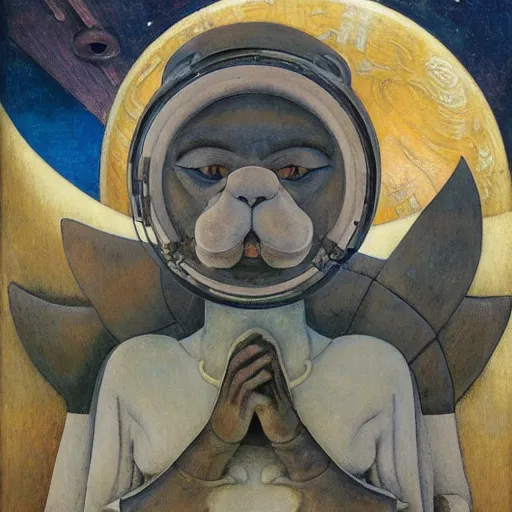 Image similar to sculpture of a cat in a spacesuit, by annie swynnerton and diego rivera and nicholas roerich and jean delville, symbolist, dramatic lighting, god rays, art brut, rich colors, smooth, sharp focus, extremely detailed, adolf wolfli, by janet fish and ( donato giancola and bilibin )