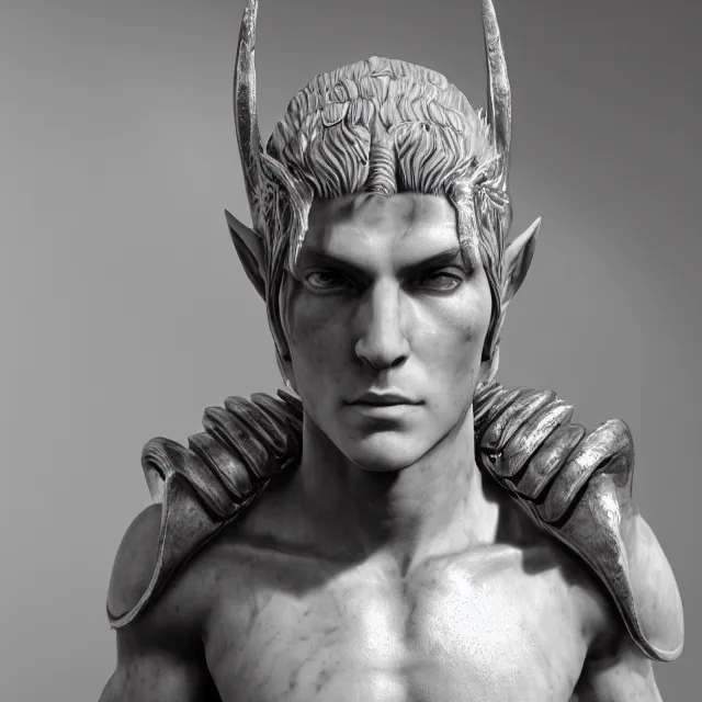 Image similar to marble sculpture of a male warrior elf, realistic, unreal engine render, octane render, hyper realistic, photo, 8 k, cinematic lighting