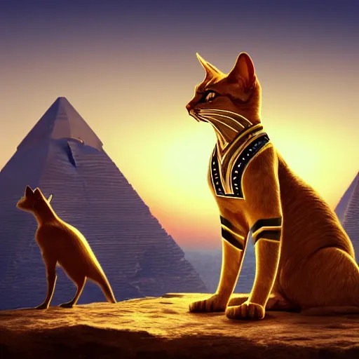 Image similar to egyptian cat, golden hour, fantasy, sharp focus, digital art, hyper realistic, 4 k, unreal engine, highly detailed, hd, dramatic lighting by brom, trending on artstation