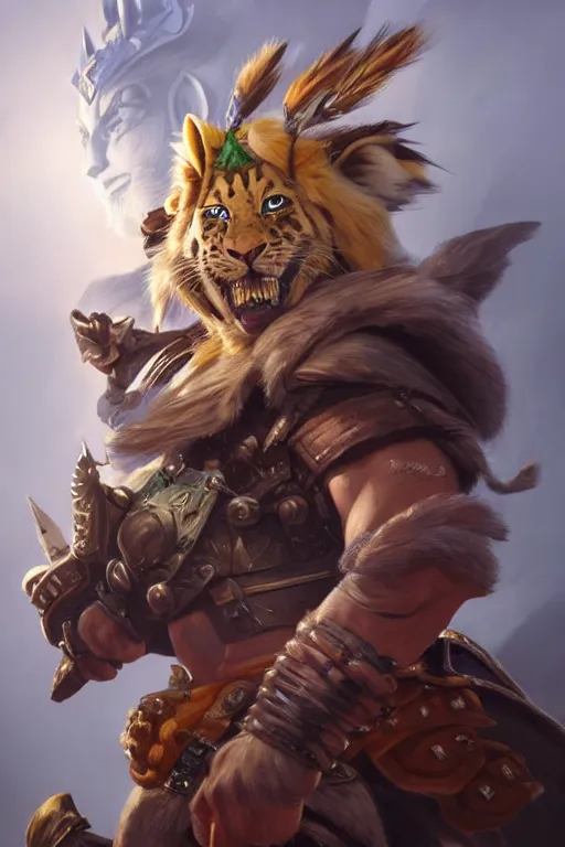 Prompt: legendary leonin fighter portrait, highly detailed, d & d, fantasy, highly detailed, digital painting, trending on artstation, concept art, sharp focus, illustration, global illumination, ray tracing, realistic shaded, art by artgerm and greg rutkowski and fuji choko and viktoria gavrilenko and hoang lap