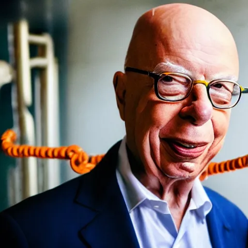 Image similar to UHD candid photo of Klaus Schwab wearing an orange jumpsuit, in shackles, wearing extremely accurate clown makeup, accurate face, UHD, photorealistic, correct face, photo by Annie Leibowitz