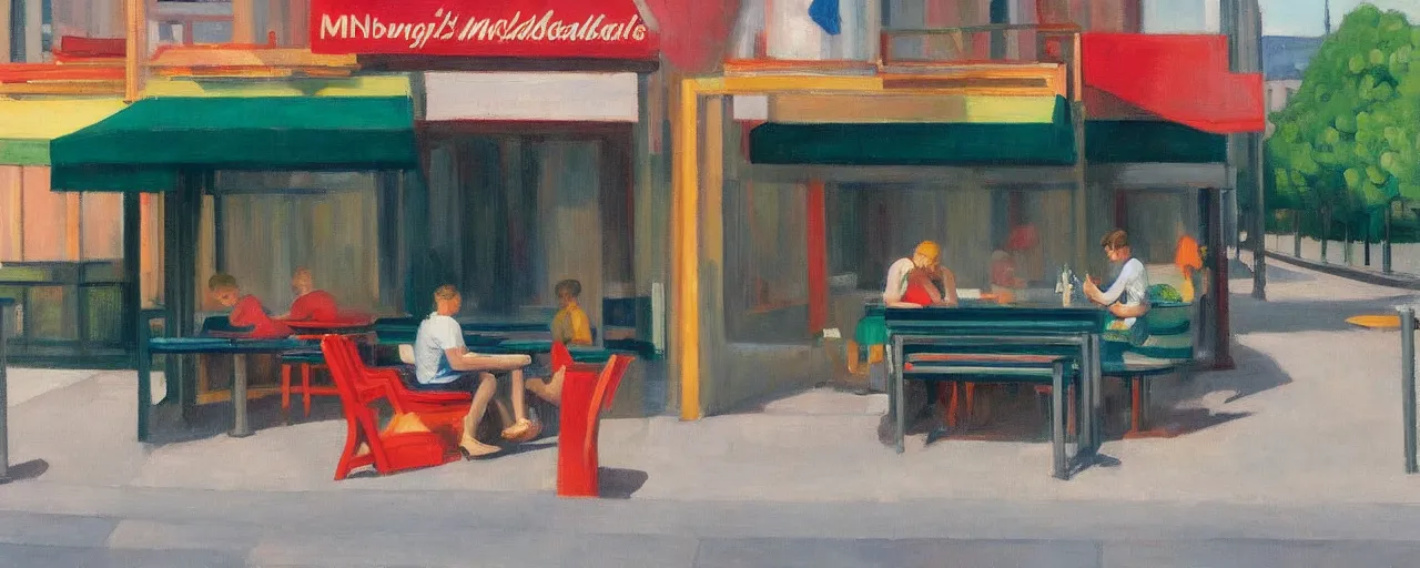 Image similar to an edward hopper - style painting of a hungarian young generation z person sitting on a table bench eating a meal outside at mcdonald's in gyor on saturday mid - summer of 2 0 2 2