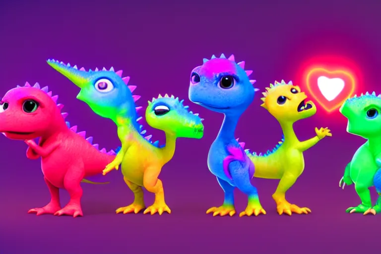 Image similar to pixar designed cute, smiling chibi style baby dinosaurs made entirely out of glowing electrified plasma, having fun inside a psychedelic realm made entirely out of love and acceptance and hypercolors. astral beings sharing love. renderman ray tracing