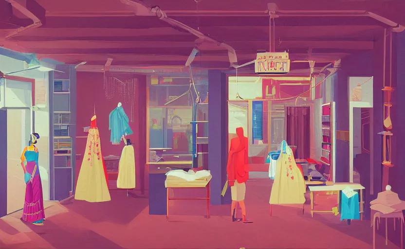 Image similar to interior of an indian tailor shop, james gilleard, print, game art