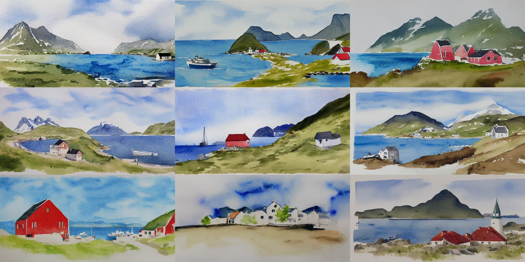 Prompt: Simple watercolor painting of karmøy,