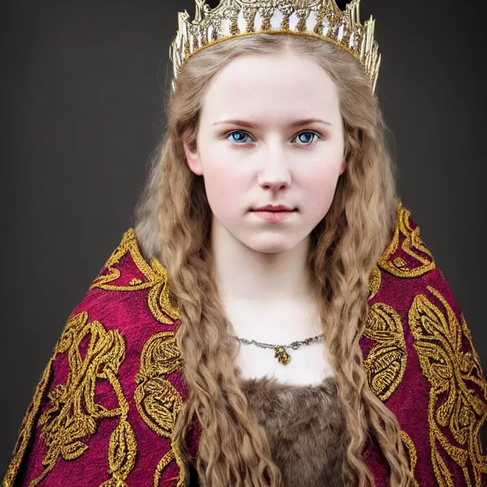 Prompt: portrait photograph of a real-life extremely beautiful!! young nordic queen with ornate cloak and crown, looking at the camera!!. Extremely detailed. 8k