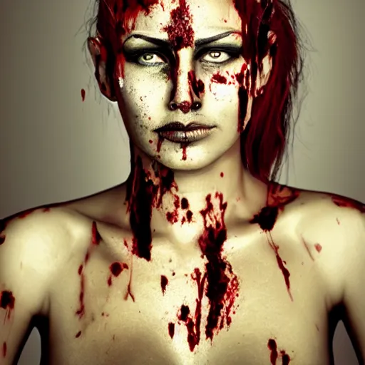 Prompt: portrait of a stunning female warrior with blood on her face, closeup, devianart