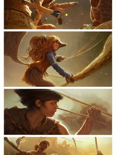 Image similar to a bunch of kids friendly fighting among thenselves with sticks. intricate, elegant, highly detailed, digital painting, artstation, concept art, sharp focus, illustration, by justin gerard and artgerm, 8 k