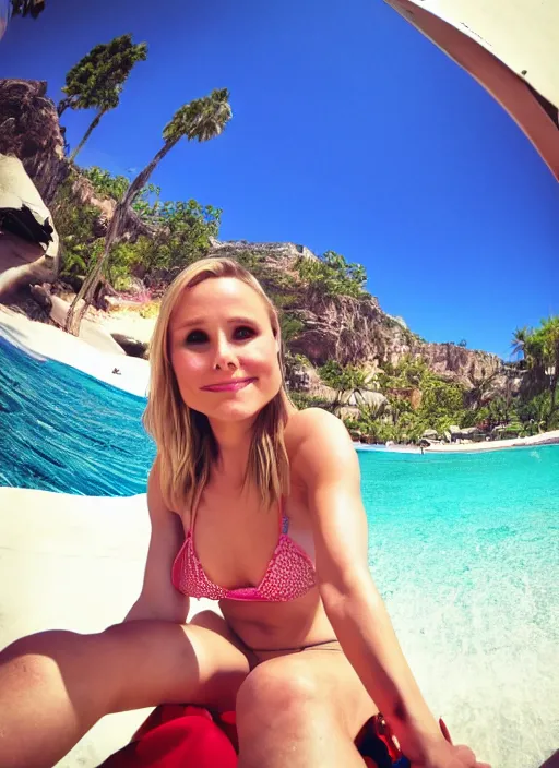 Image similar to pov date with kristen bell sitting on my lap in a bikini, 9 0 deg fov