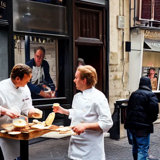 Image similar to Portrait of dutch chefs impressing impressing french people with pancakes in a street in Paris, by Steve McCurry and David Lazar, natural light, detailed face, CANON Eos C300, ƒ1.8, 35mm, 8K, medium-format print