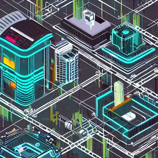 Prompt: isometric view of a mechanical glitch art city, scifi futuristic,