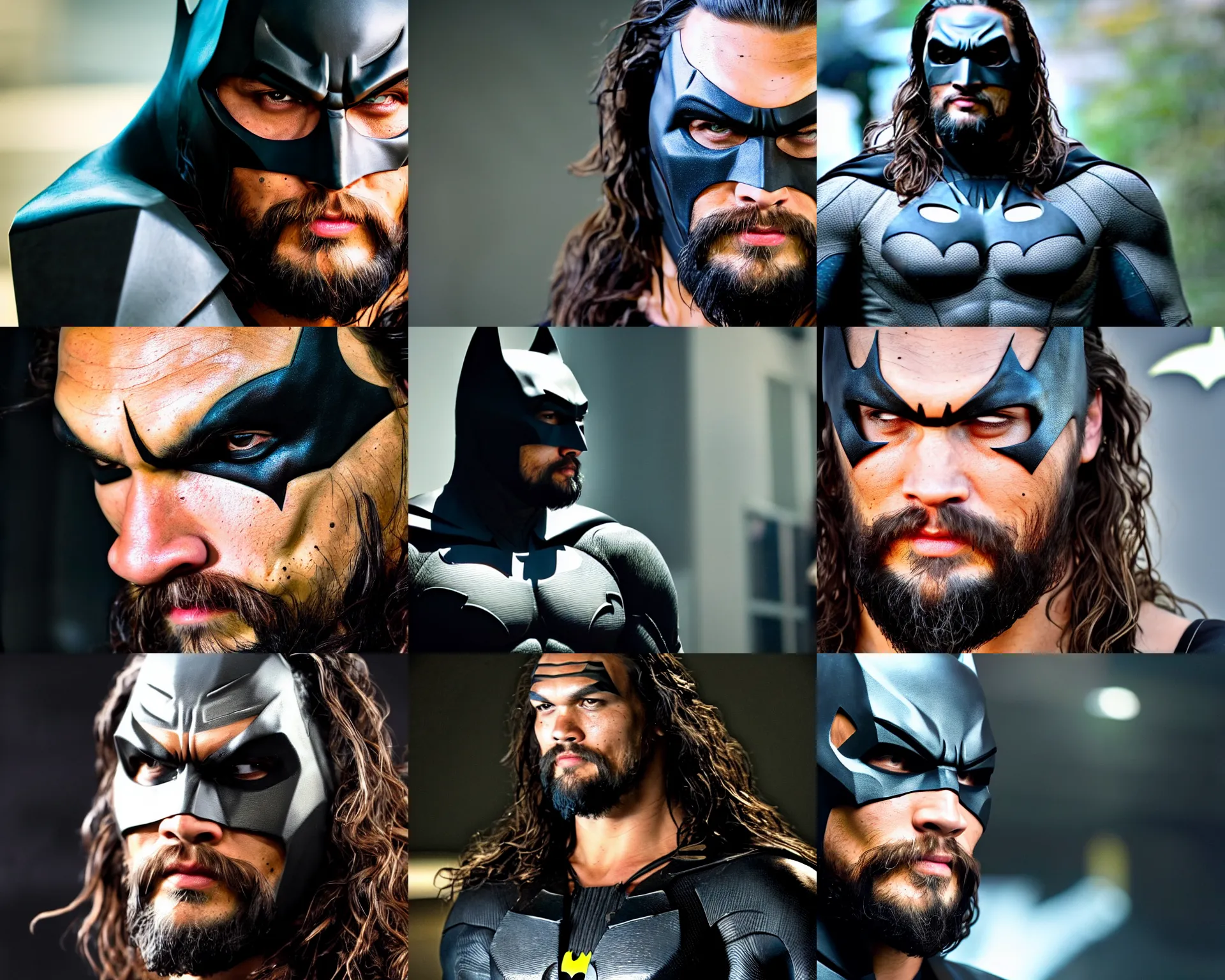 Prompt: jason momoa wearing batman mask suit very realistic! bokeh cinematic medium shot close up from the avengers