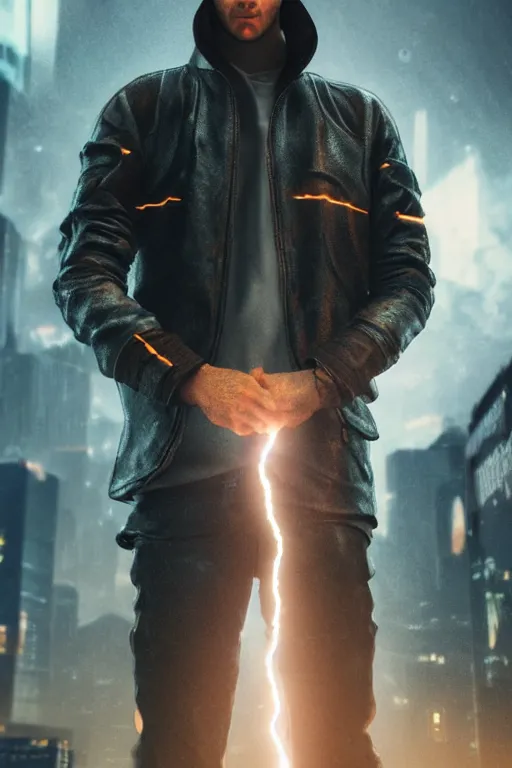 Image similar to man with lightning in his hands flying several meters above the ground with his arms crossed and with a long jacket, cyberpunk, realistic, high definition, many details, symmetrical face, realistic eyes, unreal engine art 5