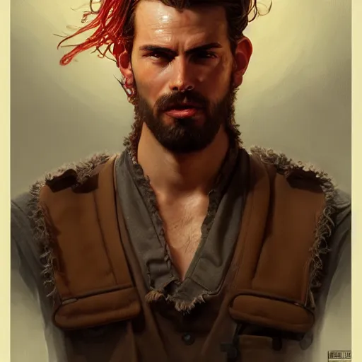 Image similar to portrait of a young rugged hamburger, extra onions and ketchup, luscious patty with sesame seeds, masculine, handsome, D&D, fantasy, intricate, elegant, highly detailed, digital painting, artstation, concept art, matte, sharp focus, illustration, art by Artgerm and Greg Rutkowski and Alphonse Mucha