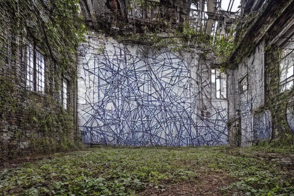 Image similar to geometric anamorphic graffiti of a forest on an abandoned factory, by birdo, alex maksiov and john pugh