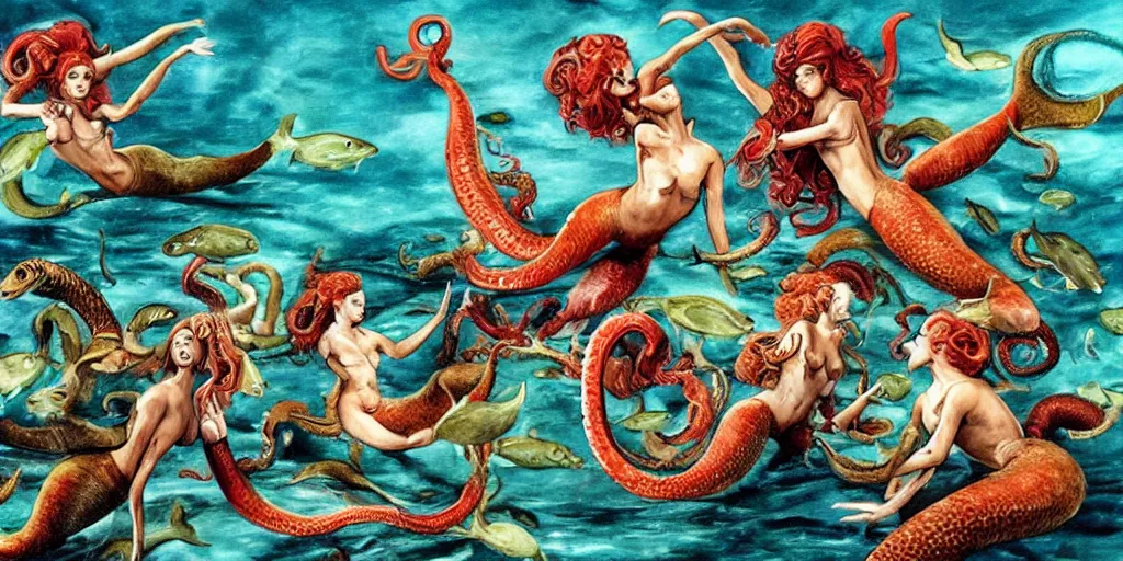 Prompt: divine group of mermaids throwing and hitting eachother with fishes and octopus, fight scene from action movie by tony scott