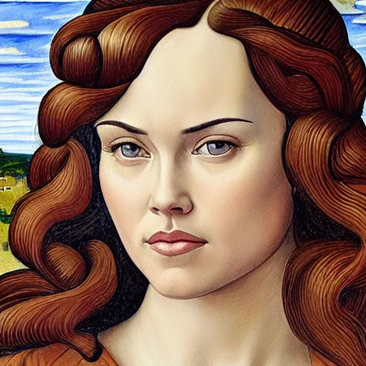 Image similar to botticelli painting of daisy ridley