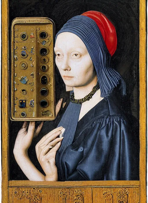 Prompt: a portrait of a woman jacked into a brain-machine interface by Jan van Eyck