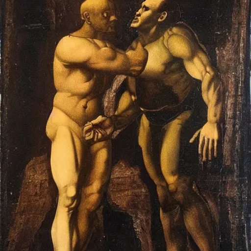 Image similar to painting of black adam as adam in the creation of adam by leonardo davinci