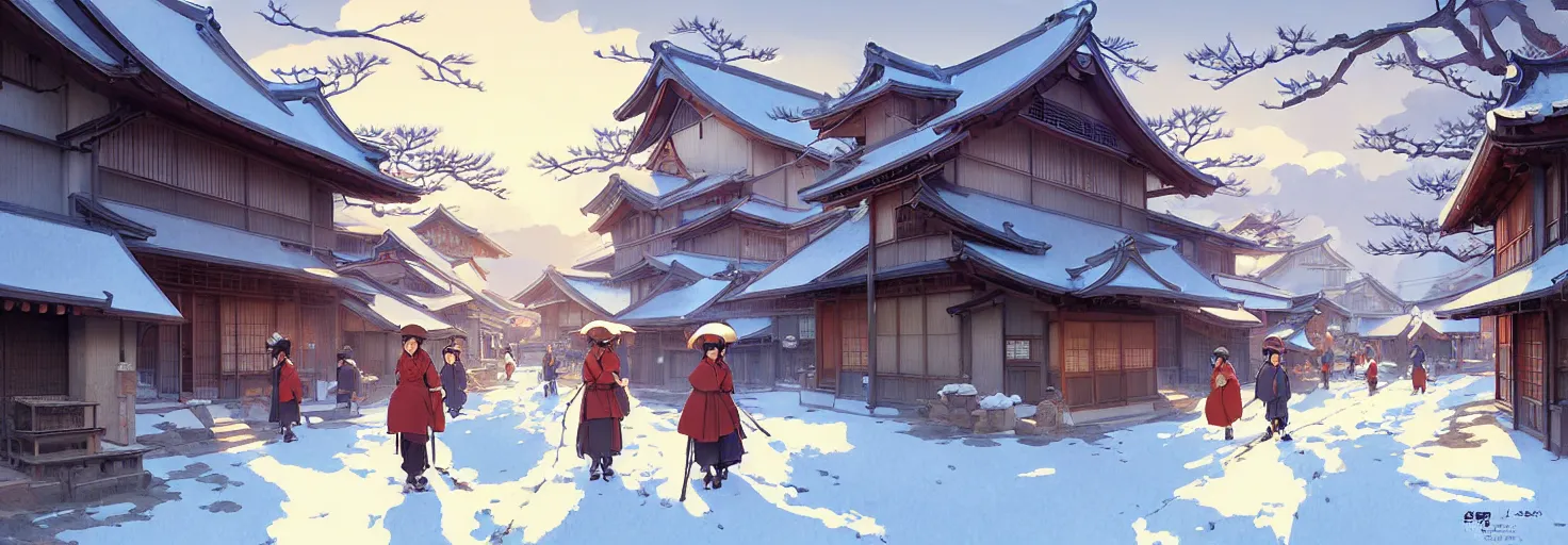 Prompt: japanese rural town, winter, in the style of studio ghibli, j. c. leyendecker, greg rutkowski, artem