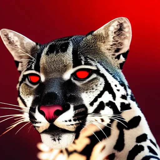 Image similar to profile shot of a black and red ocelot with black background, strong bokeh, dramatic, cinematic, high contrast, octane render, 4k