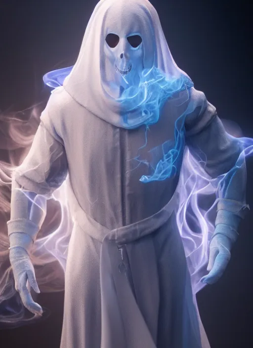 Image similar to highly detailed stunning image of ghost sorcerer full body!! 3 d octane render, unreal engine, hyper realistic, realistic, soft illumination, surrounded in dask wispy smoke!! trending artstation