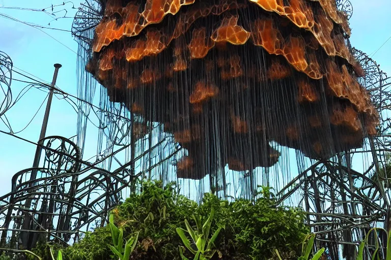 Image similar to favela jellyfish cathedral coaster hive, art nouveau waterfall environment, industrial factory, terrifying, award winning art, epic dreamlike fantasy landscape, ultra realistic,