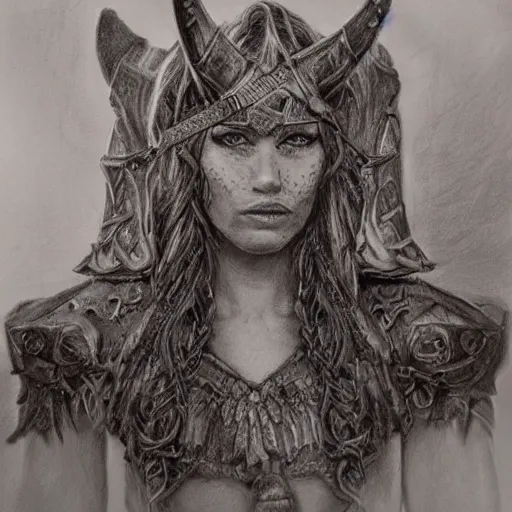 Image similar to hyper realistic pencil drawing of Christina Henricks as a viking princess, intricate detail, beautiful, battle armor, war, fight, light, dragon, colorful