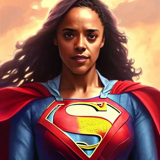 Image similar to Maisie Richardson-Sellers as Super Girl, western, D&D, fantasy, intricate, elegant, highly detailed, digital painting, artstation, concept art, matte, sharp focus, illustration, art by Artgerm and Greg Rutkowski and Alphonse Mucha