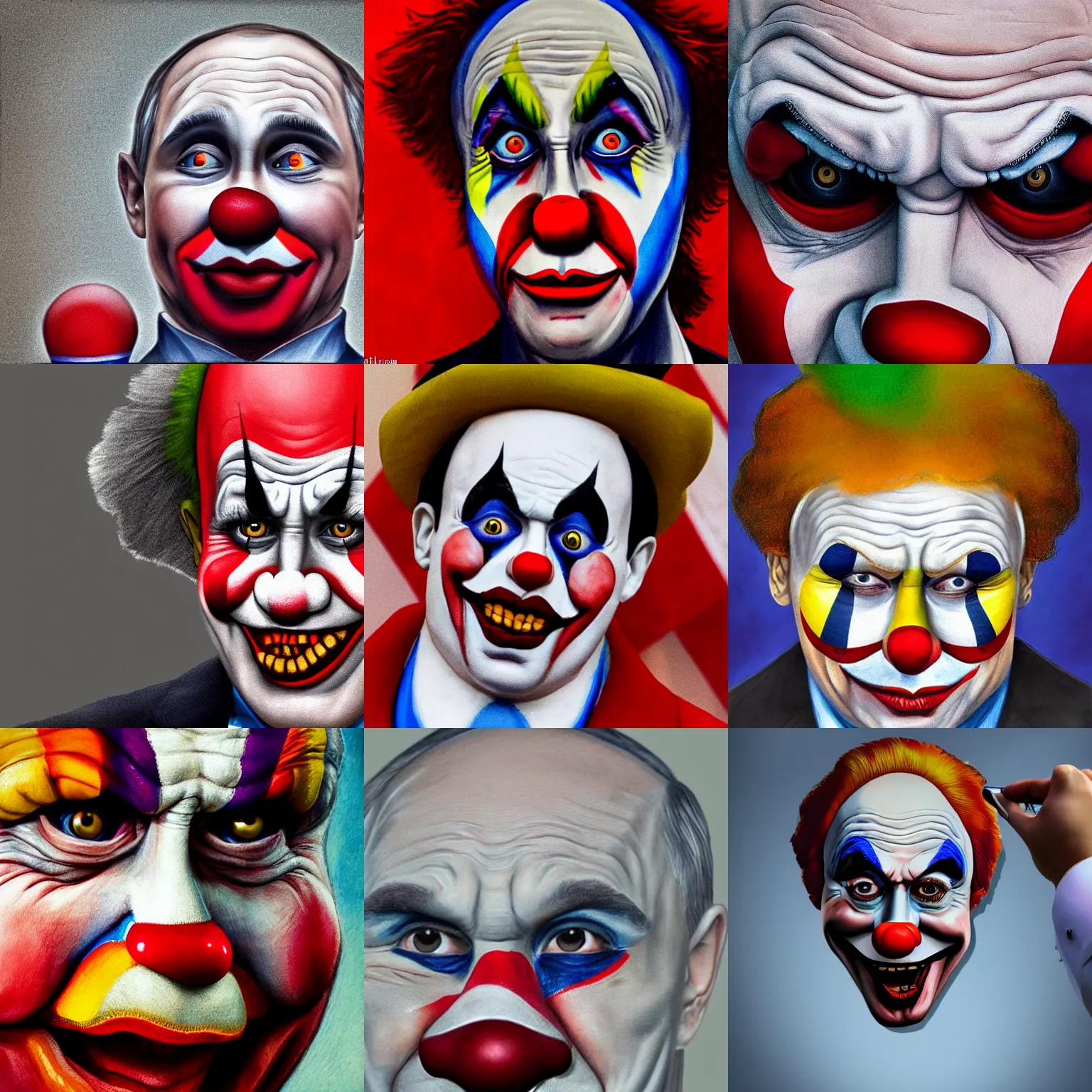 Prompt: a selfie of putin clown, hyper realistic, sharp focus, depth of field, hyper detailed
