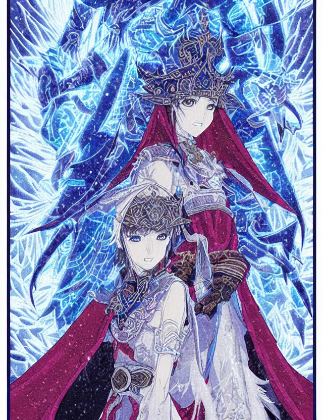 Image similar to priestess of the ice temple. embroidered tapestry by the award - winning mangaka, bloom, chiaroscuro, backlighting, depth of field.