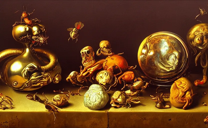 Image similar to disturbing colorful oil painting dutch golden age vanitas still life with grotesque bizarre objects strange gooey surfaces shiny metal rubber bizarre insects rachel ruysch dali todd schorr very detailed perfect composition rule of thirds masterpiece canon 5 0 mm, cinematic lighting, photography, chiaroscuro, film, kodachrome