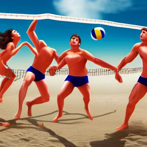Image similar to centaurs playing volleyball on a beach, jump kick, 4 k, ultra realistic, detailed focused, neonwave