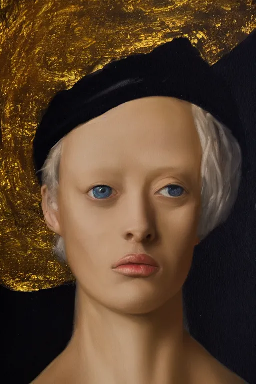 Image similar to hyperrealism oil painting, close - up portrait of albino medieval fashion model, black silk, steel gradient mixed with nebula sky, in style of baroque