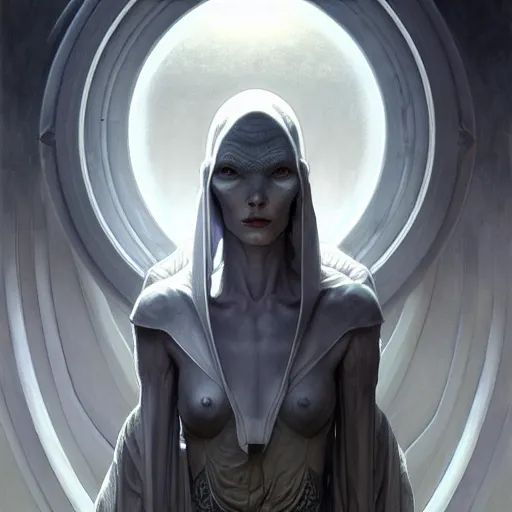 Prompt: grey alien, friendly peaceful, heroic lighting, dark fantasy, intricate, elegant, highly detailed, lifelike, photorealistic, digital painting, artstation, illustration, concept art, smooth, sharp focus, art by John Collier and Albert Aublet and Krenz Cushart and Artem Demura and Alphonse Mucha