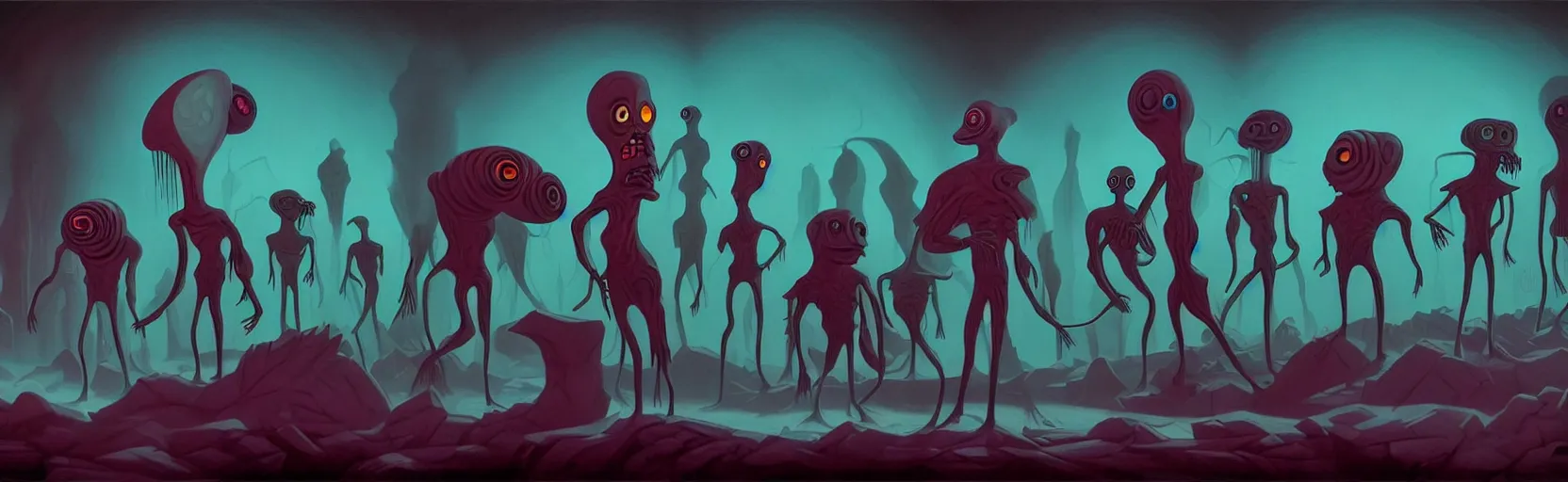 Image similar to uncanny repressed mutants from the depths of a vast wasteland in the collective unconscious, dramatic lighting, surreal dark 1 9 3 0 s fleischer cartoon characters, surreal painting by ronny khalil