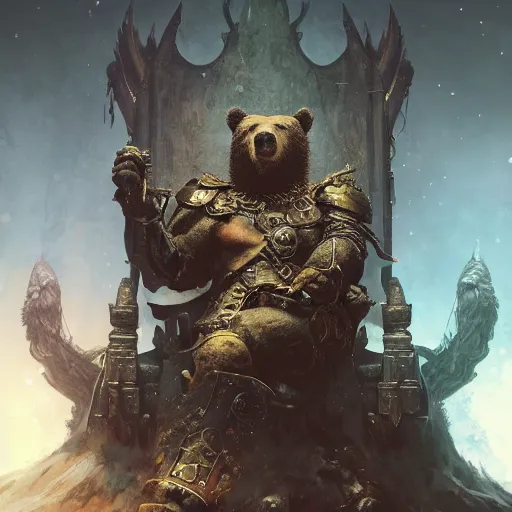 Image similar to Bear, Anthropomorphized, as scarred warlord general on throne, magic the gathering artwork, D&D, fantasy, cinematic lighting, centered, symmetrical, highly detailed, digital painting, artstation, concept art, smooth, sharp focus, illustration, volumetric lighting, epic Composition, 8k, art by Akihiko Yoshida and Greg Rutkowski and Craig Mullins, heroic pose, oil painting, cgsociety, Battlefield background, explosions, arrows