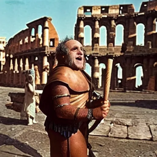 Image similar to danny devito as a roman praetorian in the streets of ancient rome, color film still