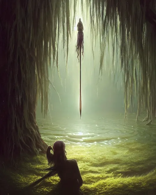 Image similar to highly detailed surreal vfx portrait of a cursed dagger in a shadowy swamp by a willow tree, stephen bliss, unreal engine, greg rutkowski, loish, rhads, beeple, makoto shinkai and lois van baarle, ilya kuvshinov, rossdraws, tom bagshaw, alphonse mucha, global illumination, detailed and intricate environment