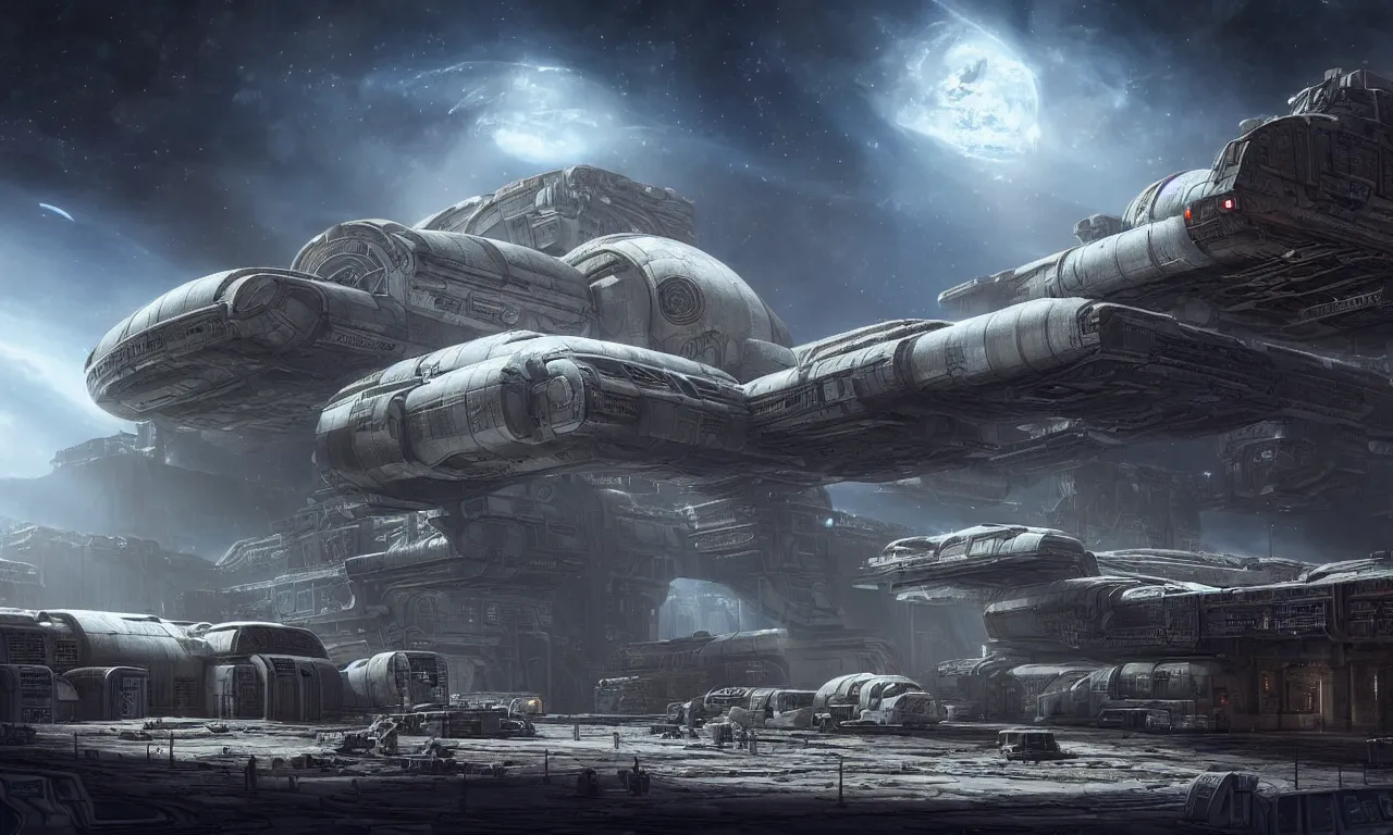 Prompt: a beautiful highly detailed matte painting of a huge derelict cargo starship base, Space Hulk, Star Trek by Jose Daniel Cabrera Pena and Leonid Kozienko, concept art
