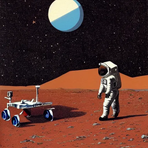 Image similar to astronaut walking on Mars with a rover in the background, Vintage Magazine Illustration