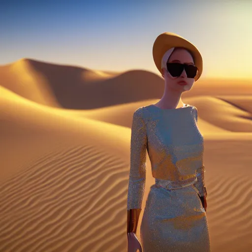 Image similar to avant-garde art, deco fashion, highly detailed, photorealistic portrait, serene desert setting, golden hour, crisp quality and light reflections, unreal engine 5 quality render